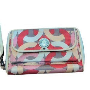 Coach Wallet Satin Multicolor Poppy Ikat Wristlet Monogram Print Zip Up Closer